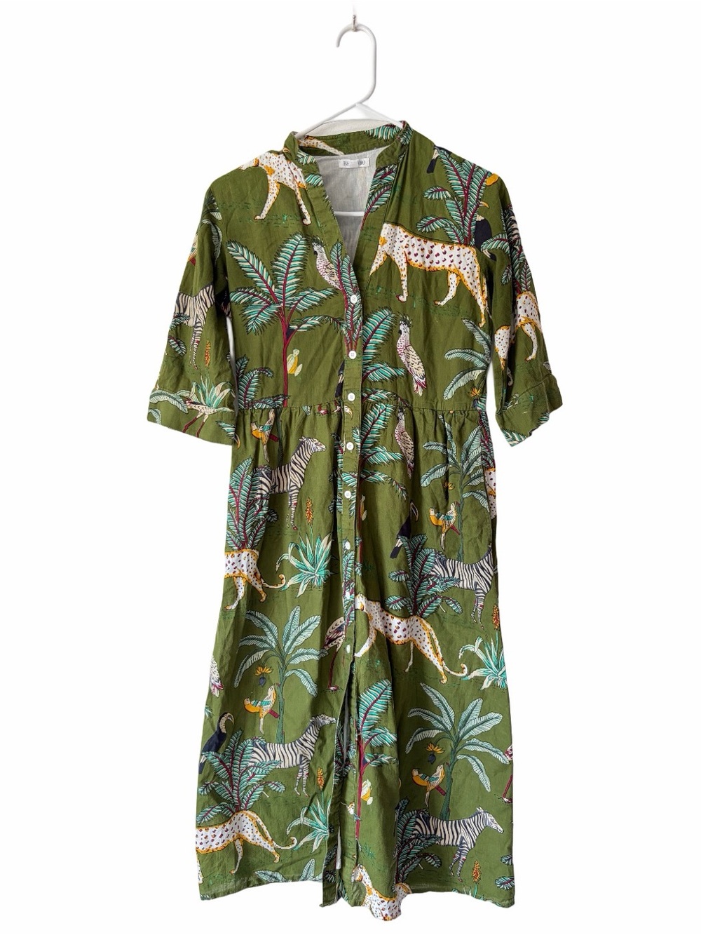Beau & Ro Kris Jungle Safari Green Zebra Button Down Shirtdress size XS